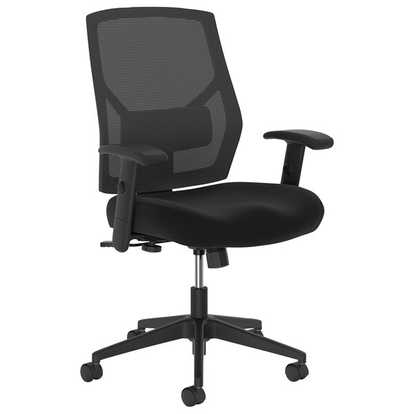 A HON Crio black office chair with a black mesh back.