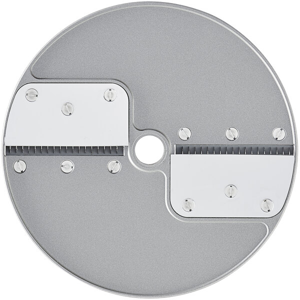 A white circular metal Robot Coupe Julienne cutting disc with two screws.