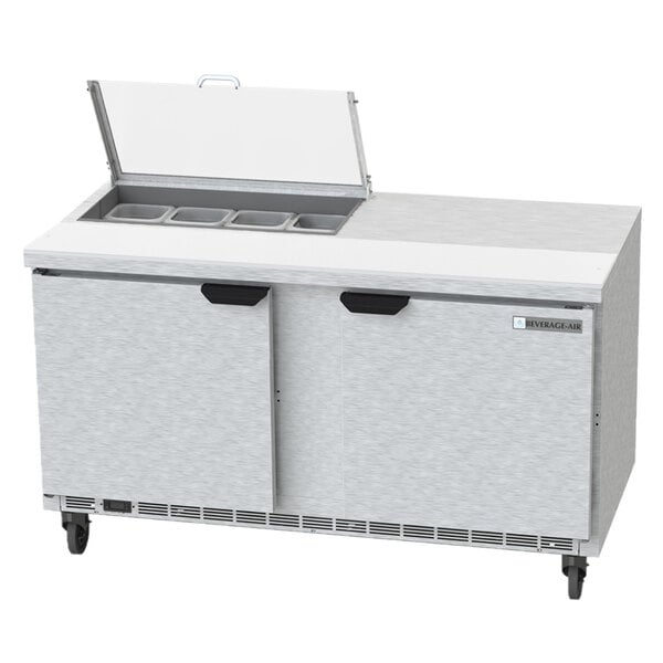 A stainless steel Beverage-Air refrigerator with two sliding doors.
