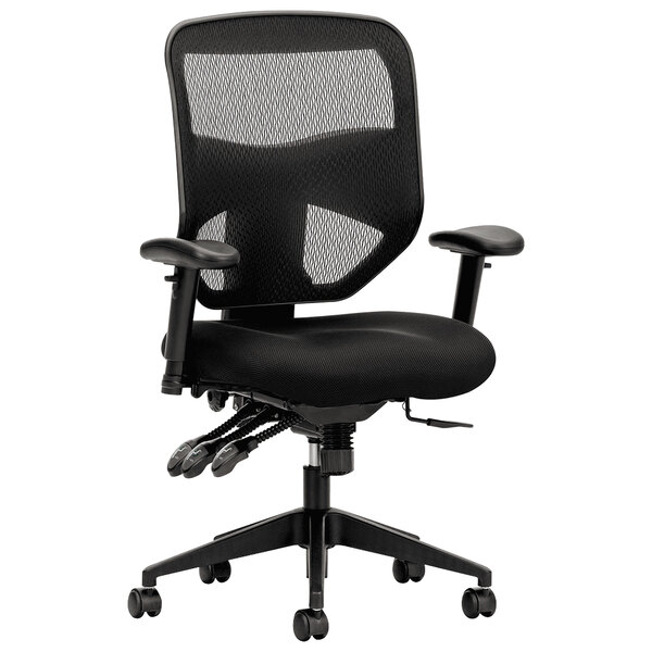 A black HON office chair with mesh back and arms.