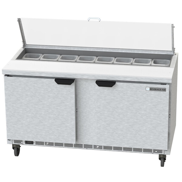 A Beverage-Air refrigerated sandwich prep table with two doors and drawers.