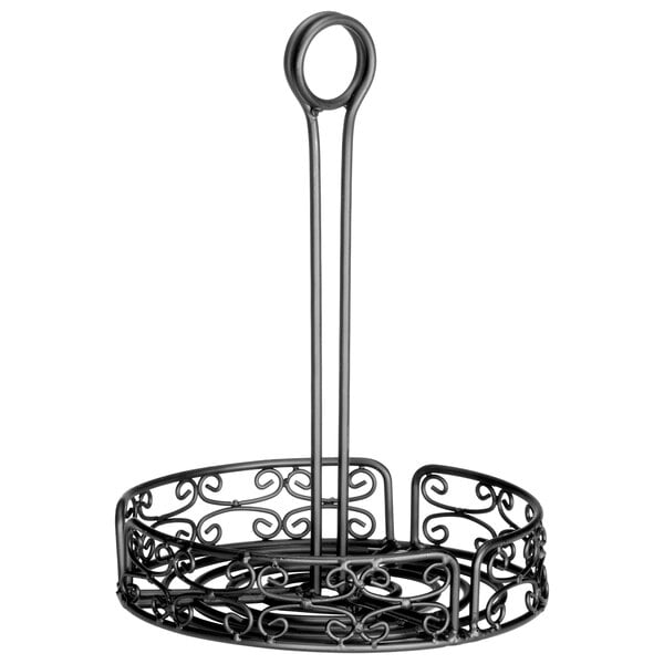 A black metal Tablecraft condiment caddy with a scroll design and a handle.