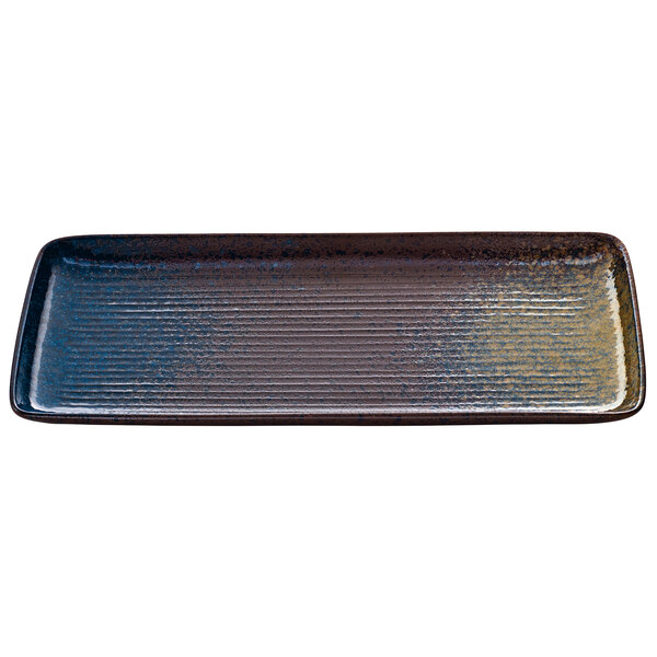 A brown rectangular Playground Sea platter with a black stripe on it.