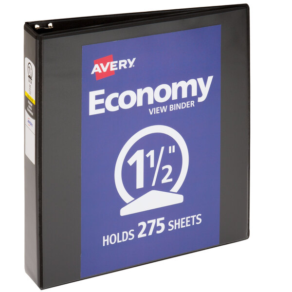 A black Avery Economy view binder with 1 1/2" round rings and a blue label on the spine.
