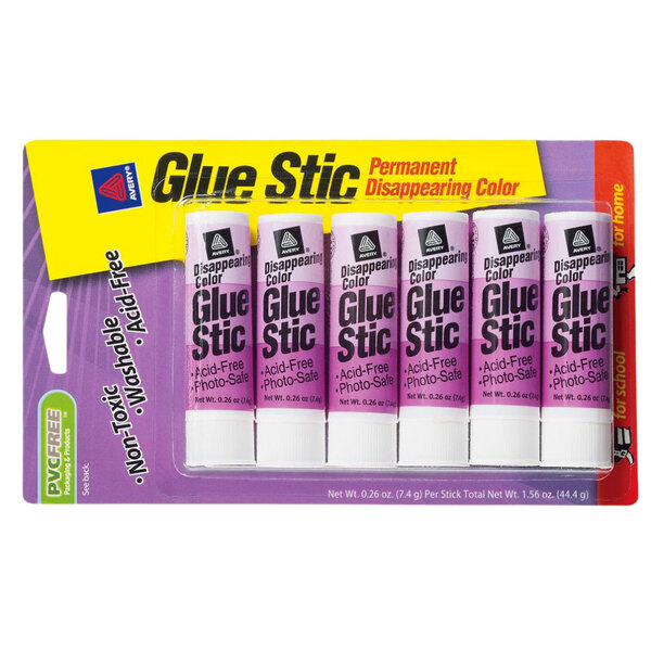A package of six purple Avery Glue Sticks with a pink label.