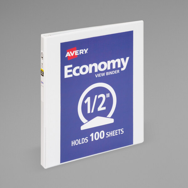 A white Avery economy view binder with a blue cover and white text.