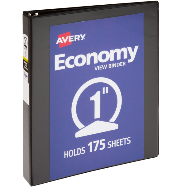 An Avery black economy view binder with 1" round rings.