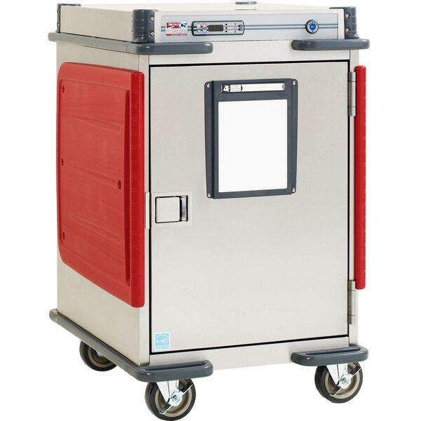 A white and red half size Metro heated holding cabinet with wheels.