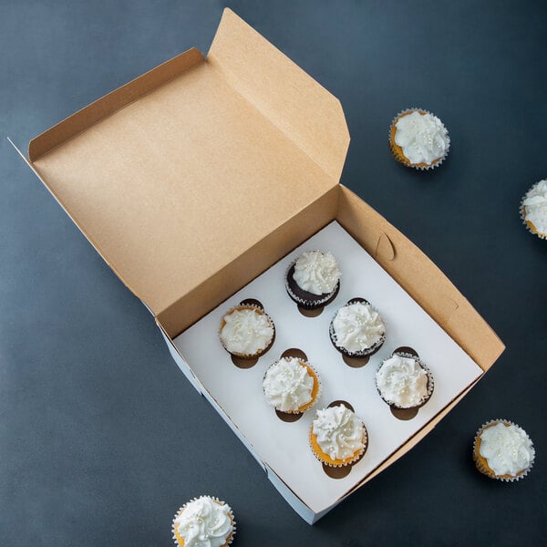 A white 10" x 10" cupcake box with 6 cupcakes inside.
