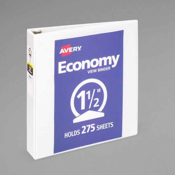 A white Avery Economy binder with a blue and white label on the cover.