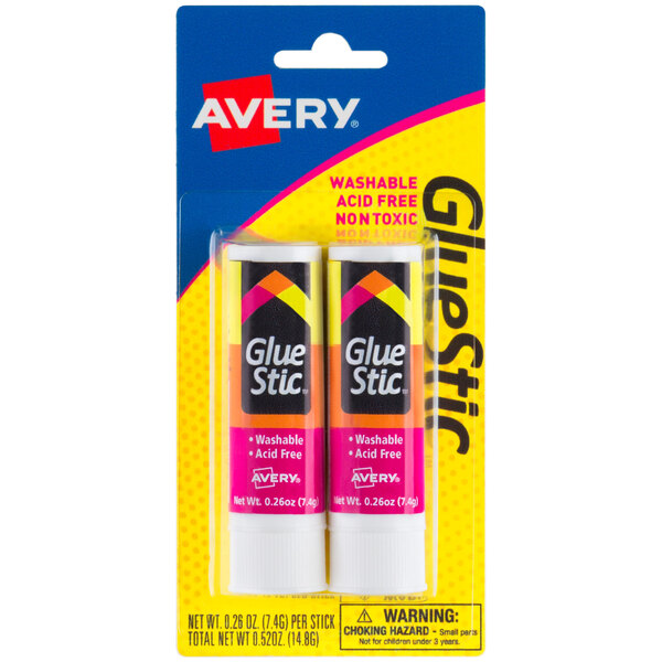 A close up of a white tube of Avery GlueStic with a white label.