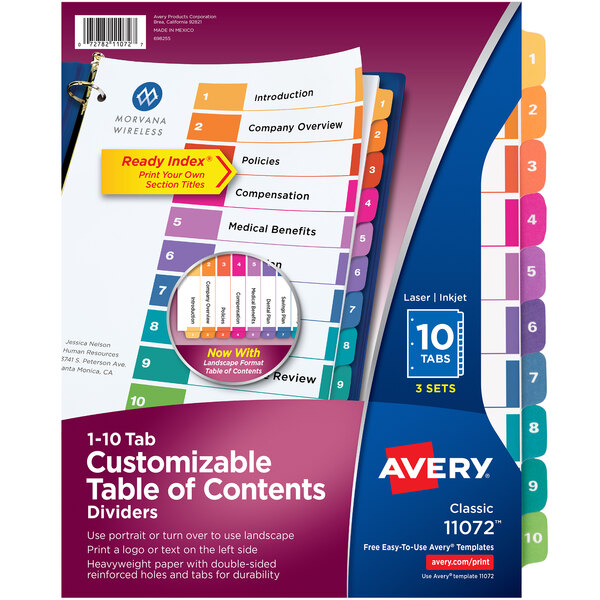 A package of 3 Avery® 10-tab multi-color table of contents divider sets.