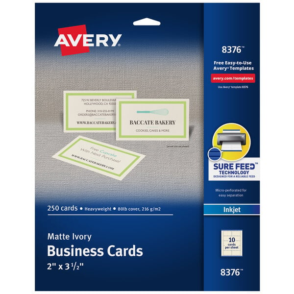 A package of 250 matte ivory Avery business cards with a blue and yellow cover.