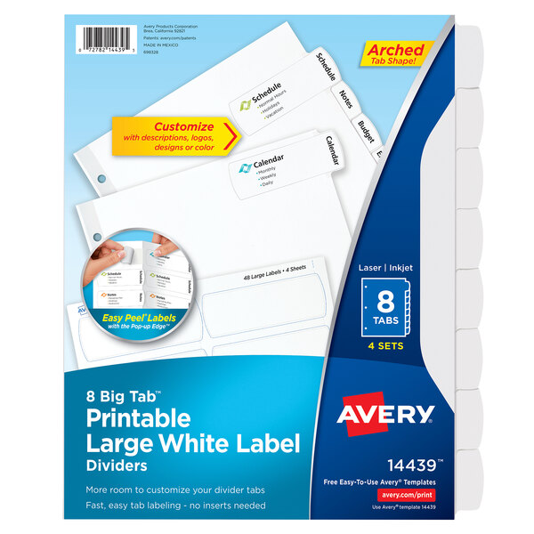 A package of Avery white paper label dividers with 8 white labels.