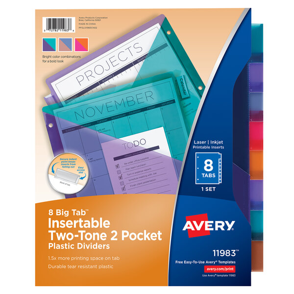 A package of 12 Avery Big Tab 8-tab multicolor plastic divider sets with dual pockets. The box is blue and purple with white text.