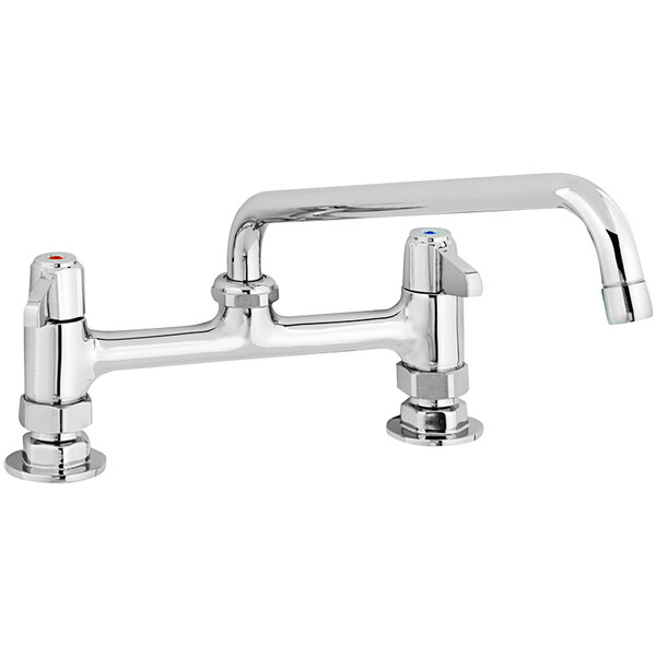 A chrome Equip by T&S deck-mount faucet with two silver handles.
