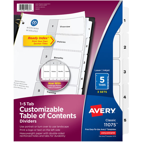 A close-up of Avery® customizable table of contents divider set in a binder.
