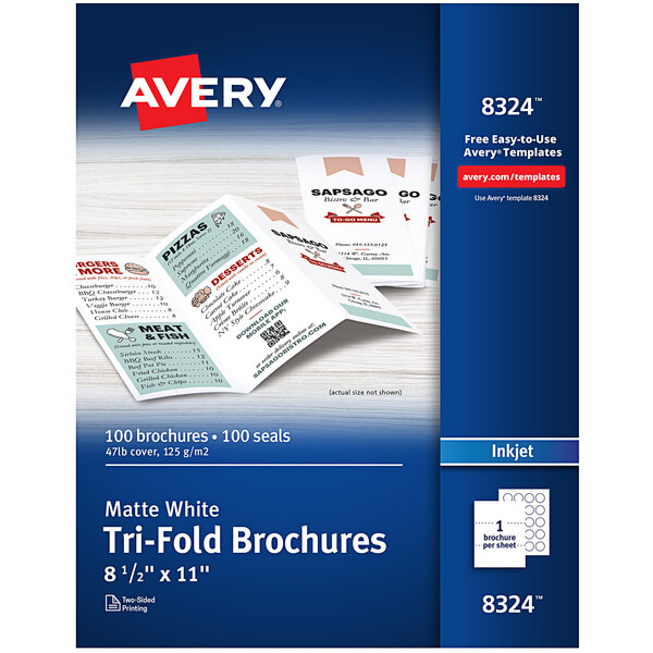 A package of white Avery tri-fold brochures.