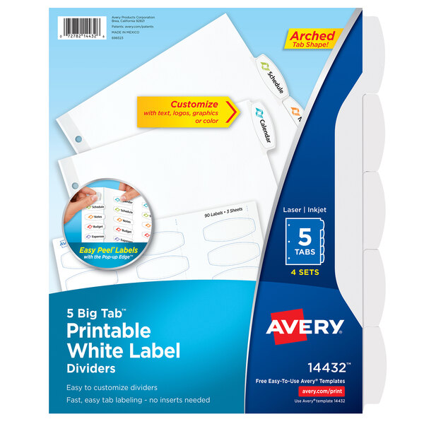 A package of 4 white Avery label dividers with blue and white text.