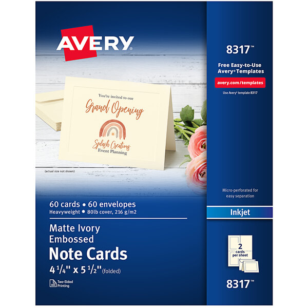 A white and blue box of Avery Matte Ivory Two-Sided Note Cards with a white card and flowers on the front.
