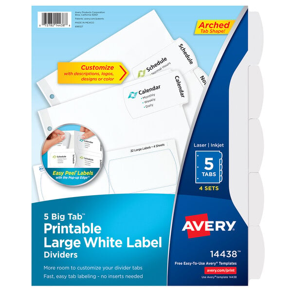 A package of Avery Big Tab white paper label dividers with blue and white labels.