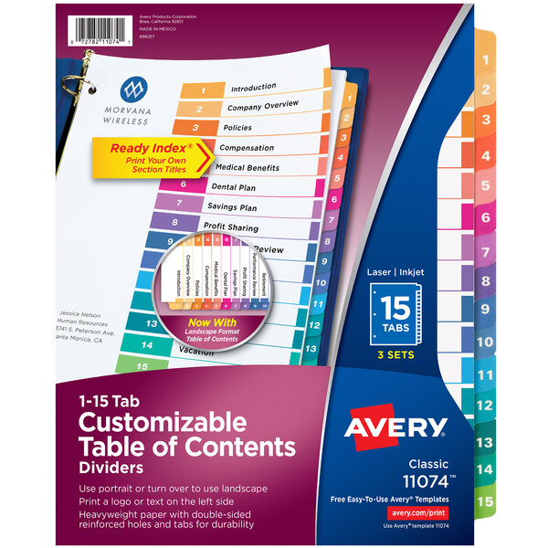 Avery 15-tab customizable table of contents divider set with purple, blue, and white tabs.