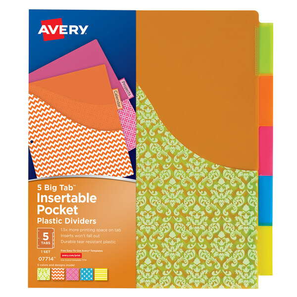 A package of Avery® Big Tab plastic dividers with multi-colored designs and pockets.