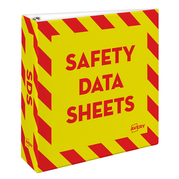 An Avery yellow and red binder for safety data sheets with white stripes.