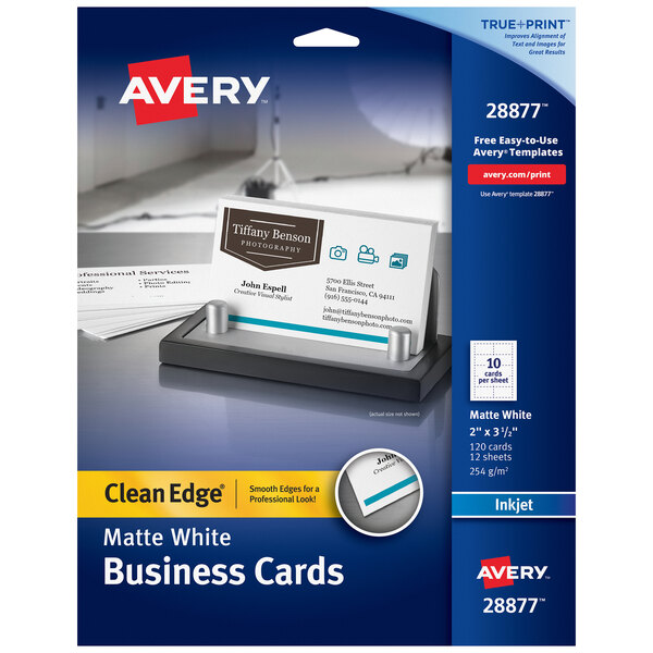 A package of Avery white matte business cards with blue and white labeling.