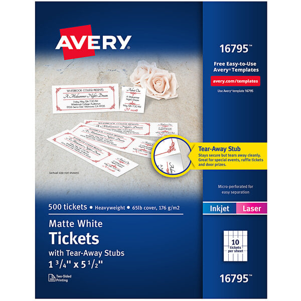 A package of Avery matte white raffle tickets with tear-away stubs.