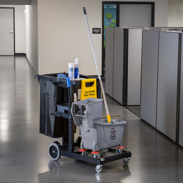 Lavex Black Cleaning / Janitor Cart Kit with Gray Mop Bucket, Wet Floor Sign, Mop, and Caddy