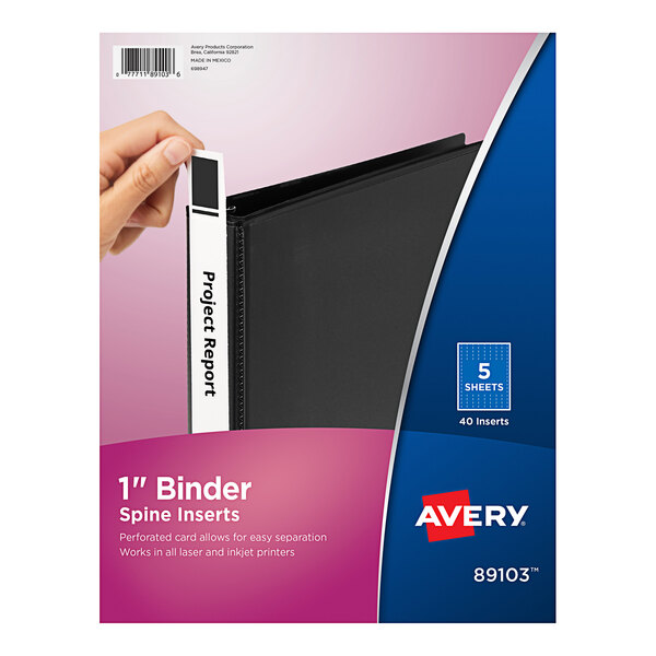 A hand inserting a white Avery binder spine label.