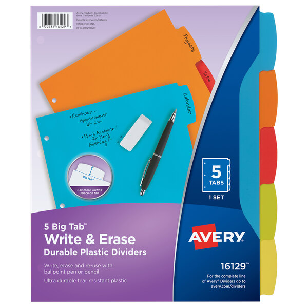 A package of Avery® 16129 Big Tab multicolored plastic dividers with tabs and a black pen.