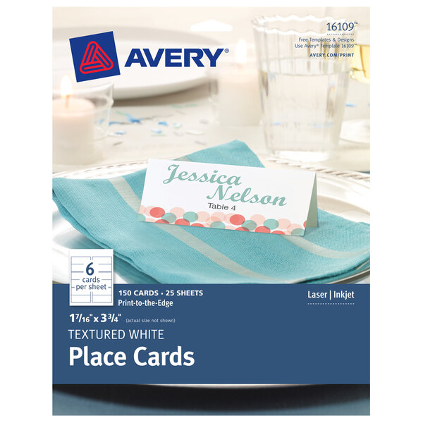 A white Avery place card on a restaurant table.
