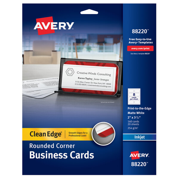 A blue and white package of Avery Matte White Clean Edge business cards with a logo of a plane.