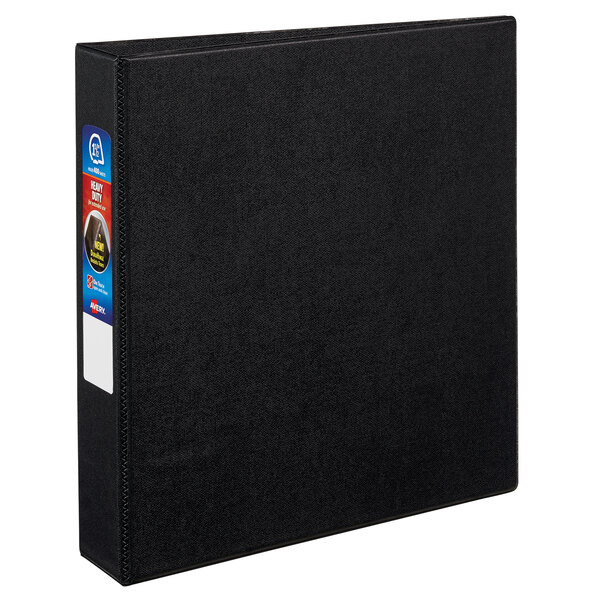 A black Avery heavy-duty non-view binder with labels.