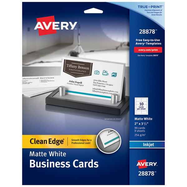 A package of Avery matte white two-sided business cards with blue accents.