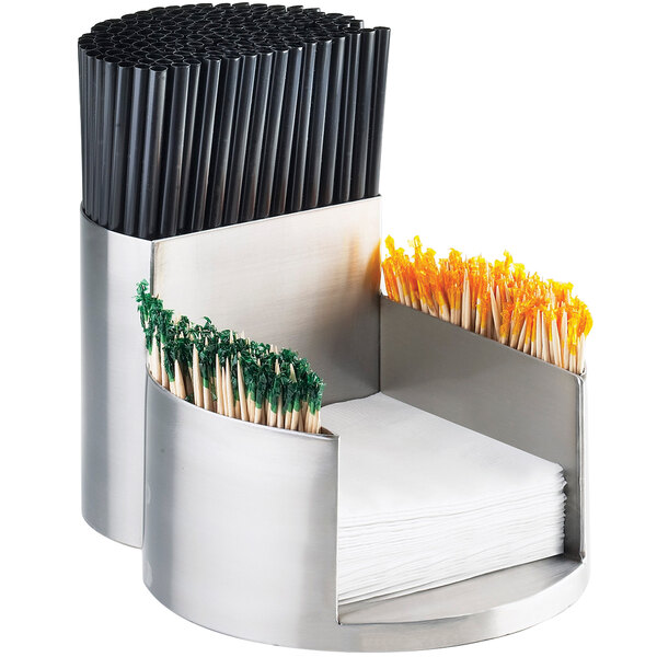 A Cal-Mil stainless steel organizer holding napkins, straws, and toothpicks.