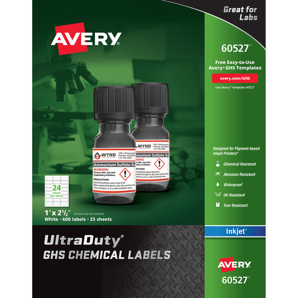 A package of Avery UltraDuty GHS chemical labels for pigment-based inkjet printers.