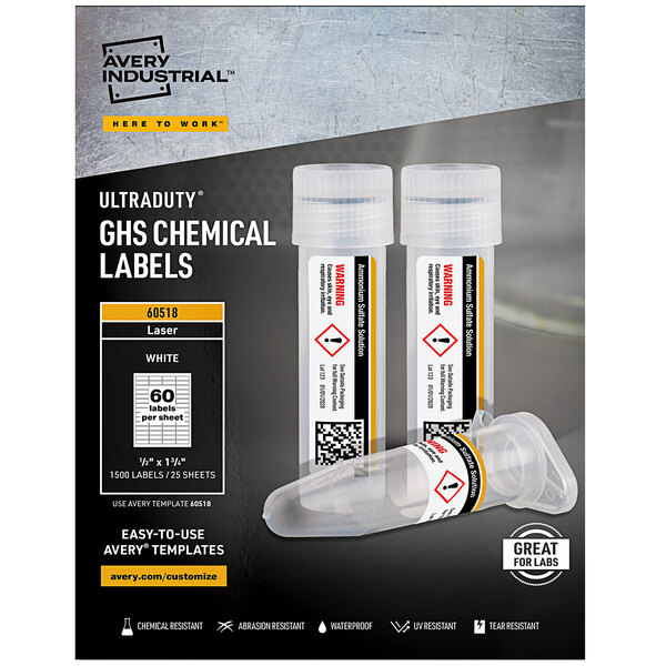 A package of Avery UltraDuty GHS chemical labels on a counter.