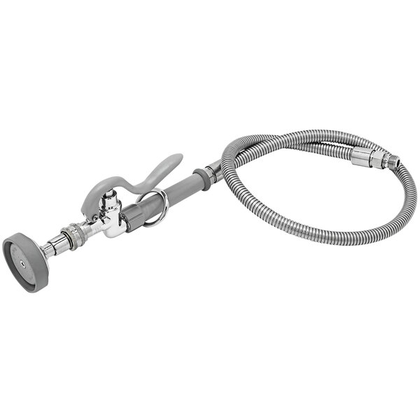 A T&S flexible stainless steel hose with a metal handle.