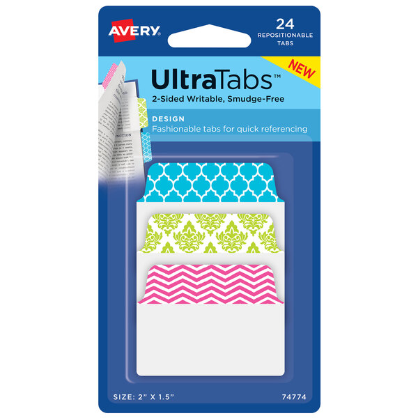 A pack of 24 Avery Ultra Tabs with assorted designs on the packaging.
