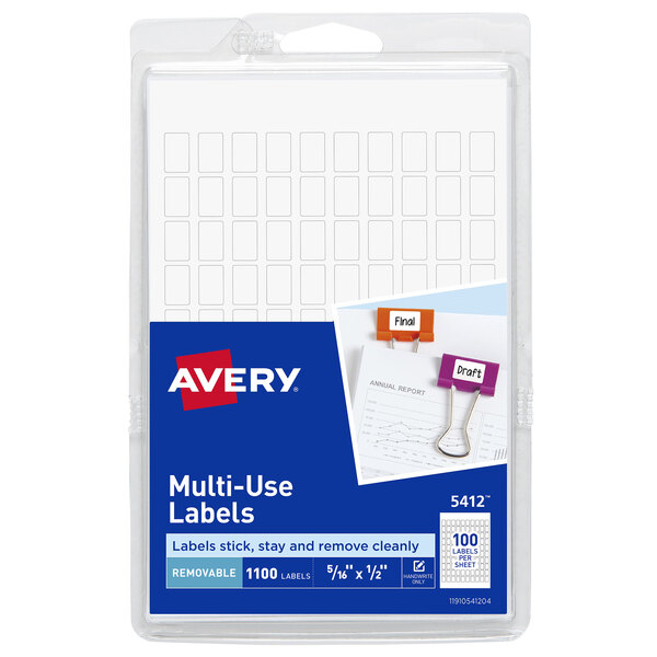 A pack of white rectangular Avery multi-use labels.