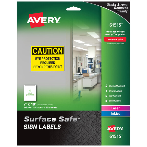 A package of 15 Avery rectangle sign labels with green and black caution signs and yellow text.