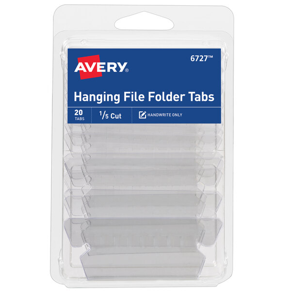 A package of 20 Avery plastic hanging file tabs with clear plastic inserts.