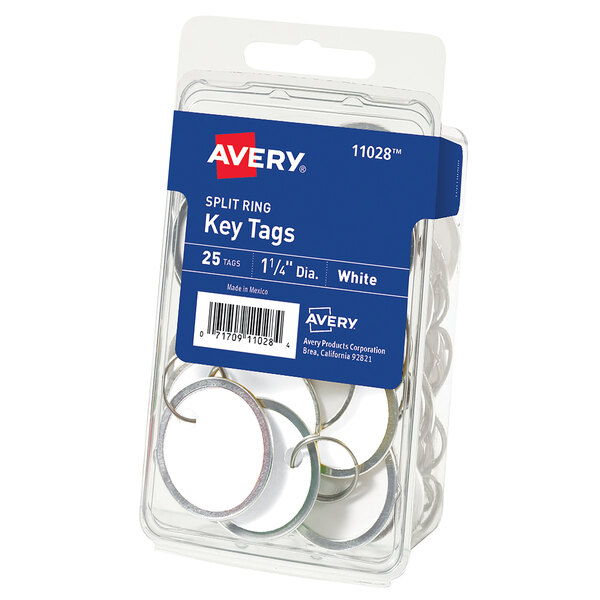 A package of 25 Avery white paper key tags with metal rims.