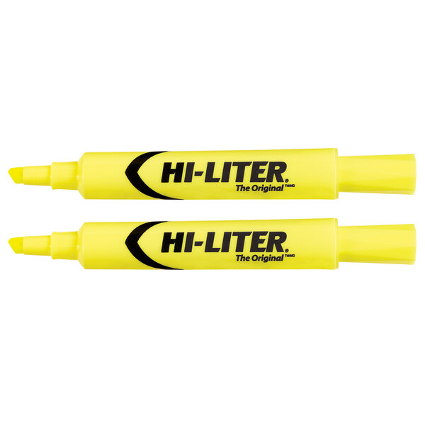 Two Avery Hi-Liter yellow desk style highlighters with black writing.