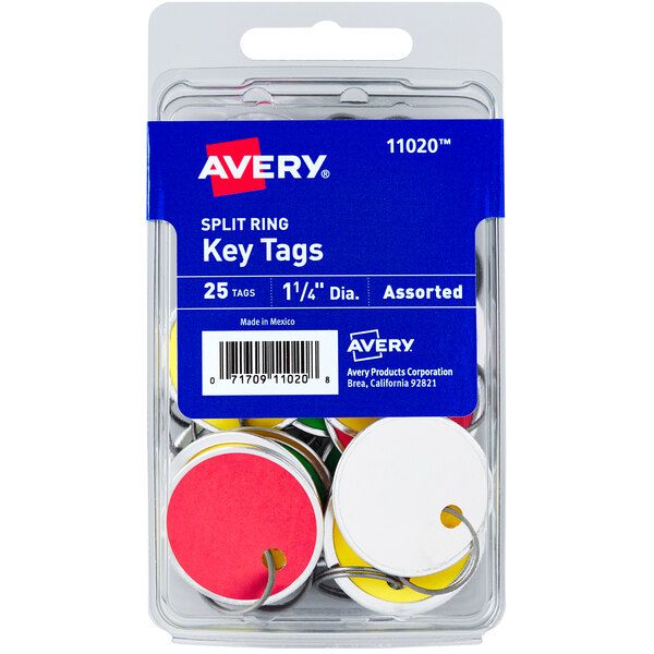 A package of 25 Avery assorted color metal rim key tags.