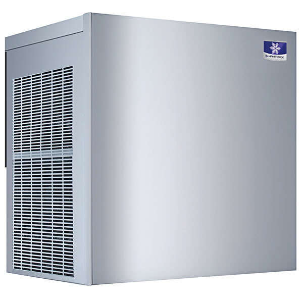 A white Manitowoc air cooled ice machine with a blue air filter.