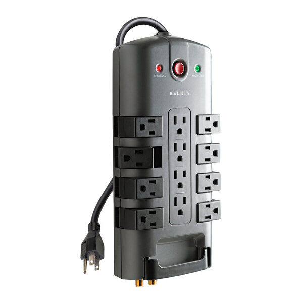 A gray Belkin power strip with 12 outlets and a cord.